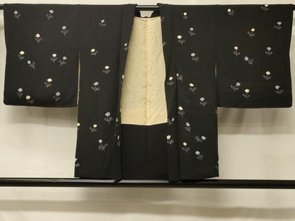 平和屋着物＃羽織　絞り　草花文　黒地　正絹　逸品　CABF8929in