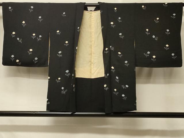 平和屋着物＃羽織　絞り　草花文　黒地　正絹　逸品　CABF8929in
