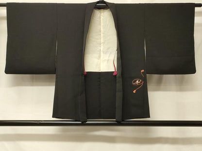 平和屋着物＃羽織　総刺繍　鏡裏草花文　黒地　金糸　正絹　逸品　CABF8930in