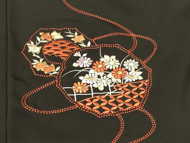 平和屋着物＃羽織　総刺繍　鏡裏草花文　黒地　金糸　正絹　逸品　CABF8930in