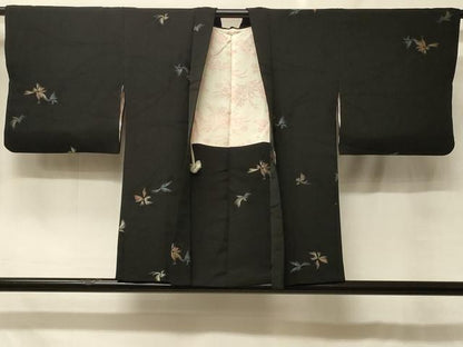 平和屋着物＃羽織　寿光織　枝花文　黒地　金糸　正絹　逸品　CABF8932in