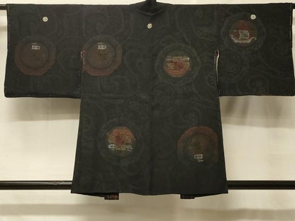 平和屋着物＃羽織　寿光織　南蛮船　黒地　銀糸　正絹　逸品　未使用　CABF8933in