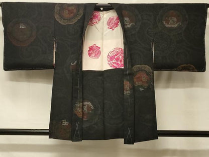 平和屋着物＃羽織　寿光織　南蛮船　黒地　銀糸　正絹　逸品　未使用　CABF8933in