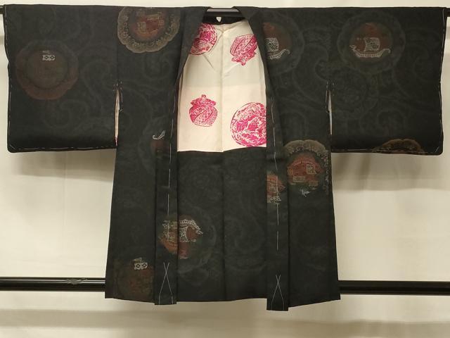 平和屋着物＃羽織　寿光織　南蛮船　黒地　銀糸　正絹　逸品　未使用　CABF8933in