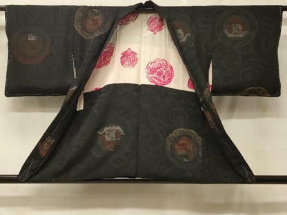 平和屋着物＃羽織　寿光織　南蛮船　黒地　銀糸　正絹　逸品　未使用　CABF8933in