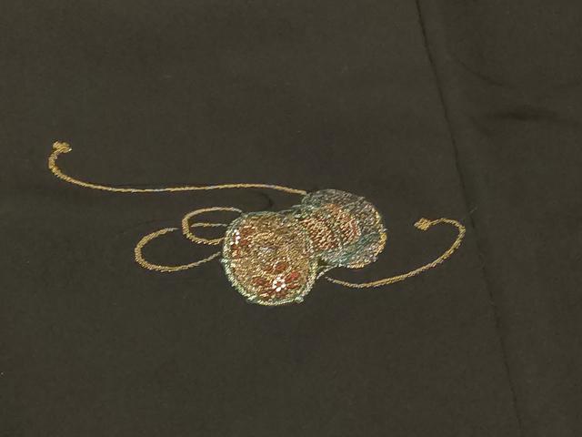 平和屋着物＃羽織　寿光織　扇面鼓花文　黒地　金銀糸　正絹　逸品　CABF8936in
