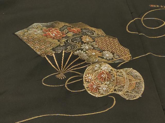 平和屋着物＃羽織　寿光織　扇面鼓花文　黒地　金銀糸　正絹　逸品　CABF8936in