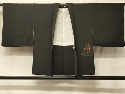 平和屋着物＃羽織　寿光織　遠山笹竹文　黒地　金糸　正絹　逸品　CABF8937in
