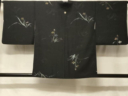 平和屋着物＃羽織　寿光織　草花文　黒地　金銀糸　正絹　逸品　CABF8955in