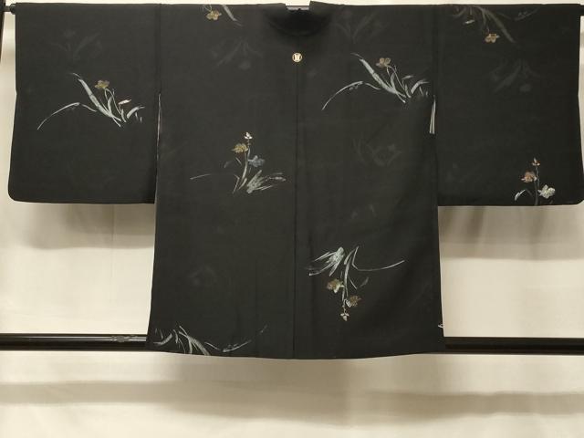 平和屋着物＃羽織　寿光織　草花文　黒地　金銀糸　正絹　逸品　CABF8955in
