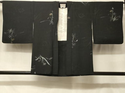 平和屋着物＃羽織　寿光織　草花文　黒地　金銀糸　正絹　逸品　CABF8955in