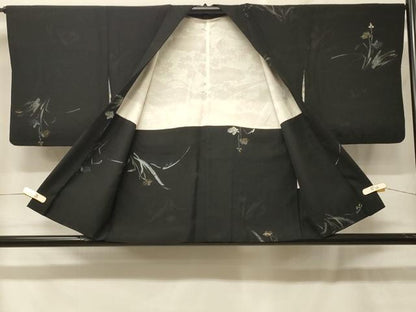 平和屋着物＃羽織　寿光織　草花文　黒地　金銀糸　正絹　逸品　CABF8955in