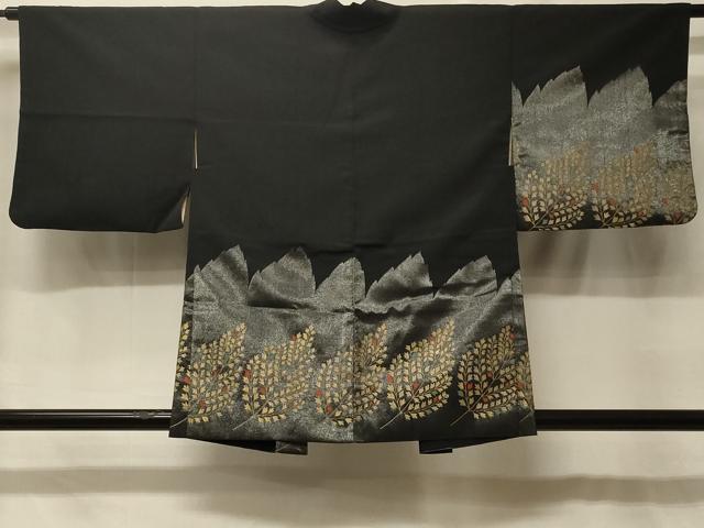 平和屋着物＃羽織　寿光織　枝葉文　黒地　金銀糸　正絹　逸品　CABF8956in