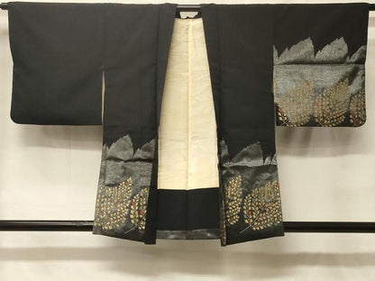 平和屋着物＃羽織　寿光織　枝葉文　黒地　金銀糸　正絹　逸品　CABF8956in