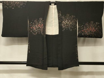 平和屋着物＃羽織　寿光織　草花文　黒地　銀糸　正絹　逸品　CABF8957in