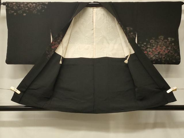 平和屋着物＃羽織　寿光織　草花文　黒地　銀糸　正絹　逸品　CABF8957in