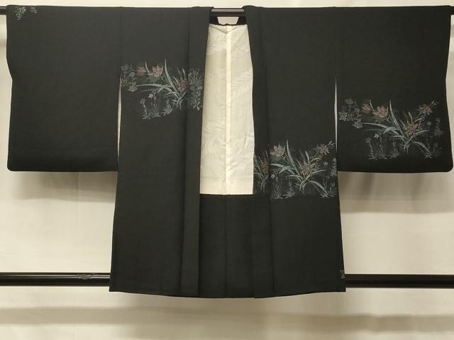 平和屋着物＃羽織　寿光織　草花文　黒地　金銀糸　正絹　逸品　CABF8958in