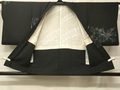 平和屋着物＃羽織　寿光織　草花文　黒地　金銀糸　正絹　逸品　CABF8958in
