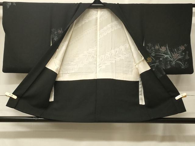 平和屋着物＃羽織　寿光織　草花文　黒地　金銀糸　正絹　逸品　CABF8958in