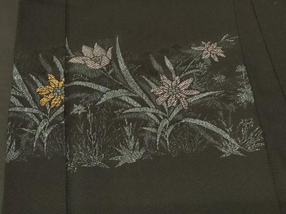 平和屋着物＃羽織　寿光織　草花文　黒地　金銀糸　正絹　逸品　CABF8958in
