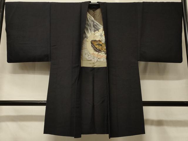 平和屋着物＃男性　長羽織　紬地　黒地　正絹　逸品　CABF8966in