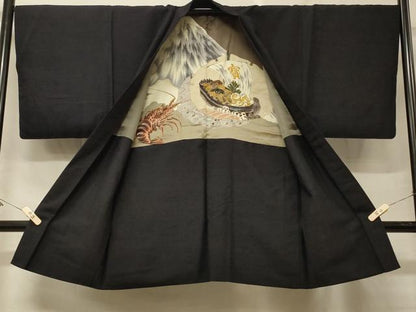 平和屋着物＃男性　長羽織　紬地　黒地　正絹　逸品　CABF8966in