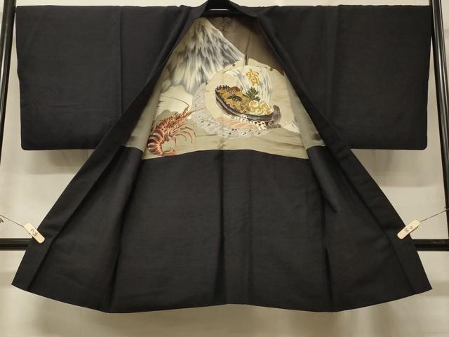 平和屋着物＃男性　長羽織　紬地　黒地　正絹　逸品　CABF8966in
