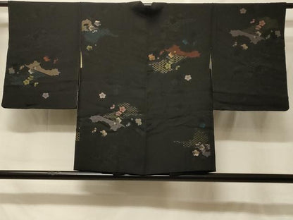 平和屋着物＃羽織　寿光織　霞舞花文　黒地　金銀糸　正絹　逸品　CABF8986in