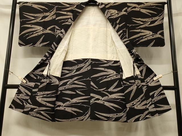 平和屋着物＃道中着　笹の葉文　黒地　ロング丈　正絹　逸品　未使用　CABF8988in
