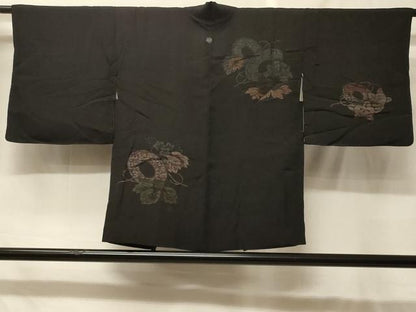 平和屋着物＃羽織　寿光織　鏡裏草花文　黒地　正絹　逸品　CABF8990in
