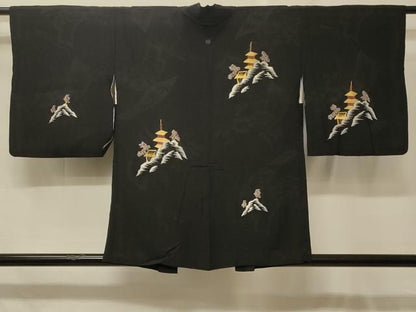 平和屋着物＃羽織　風景文　黒地　金銀糸　正絹　逸品　CABF8991in