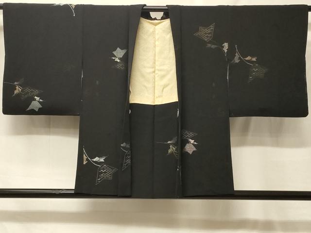 平和屋着物＃羽織　寿光織　草花文　黒地　金糸　正絹　逸品　CABF8992in