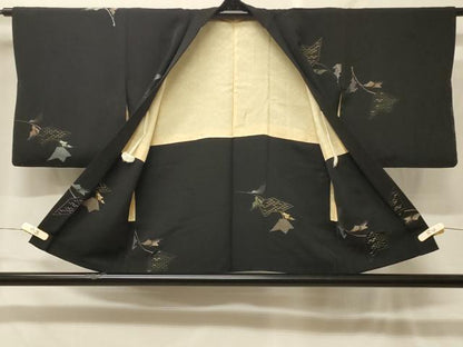 平和屋着物＃羽織　寿光織　草花文　黒地　金糸　正絹　逸品　CABF8992in
