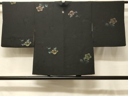 平和屋着物＃羽織　寿光織　草花文　黒地　金糸　正絹　逸品　CABF8993in