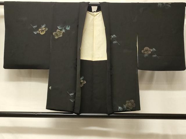 平和屋着物＃羽織　寿光織　草花文　黒地　金糸　正絹　逸品　CABF8993in