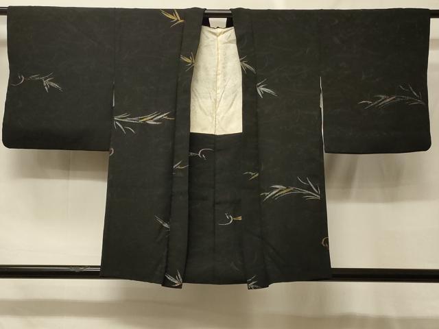 平和屋着物＃羽織　寿光織　草葉文　黒地　金銀糸　正絹　逸品　CABF8995in