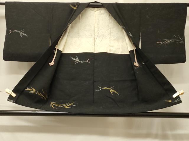 平和屋着物＃羽織　寿光織　草葉文　黒地　金銀糸　正絹　逸品　CABF8995in
