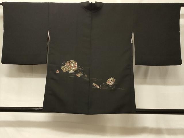 平和屋着物＃羽織　寿光織　貝桶花文　黒地　金糸　正絹　逸品　CABF8997in