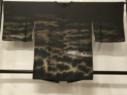 平和屋着物＃道行コート　寿光織　霞文　黒地　金銀糸　正絹　逸品　CABF9028in