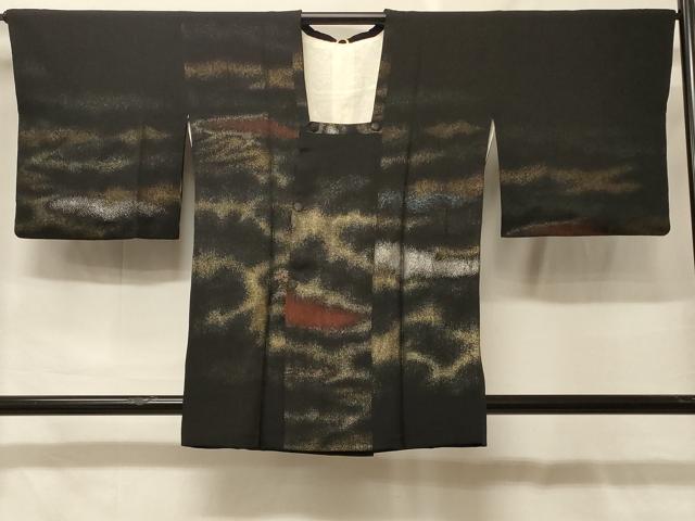 平和屋着物＃道行コート　寿光織　霞文　黒地　金銀糸　正絹　逸品　CABF9028in