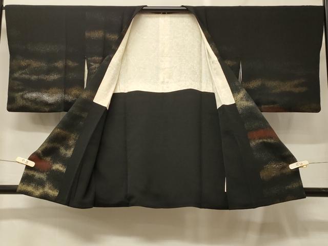 平和屋着物＃道行コート　寿光織　霞文　黒地　金銀糸　正絹　逸品　CABF9028in