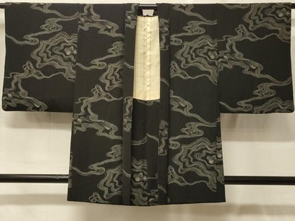 平和屋着物＃羽織　墨流し文様　黒地　正絹　逸品　CABF9047in