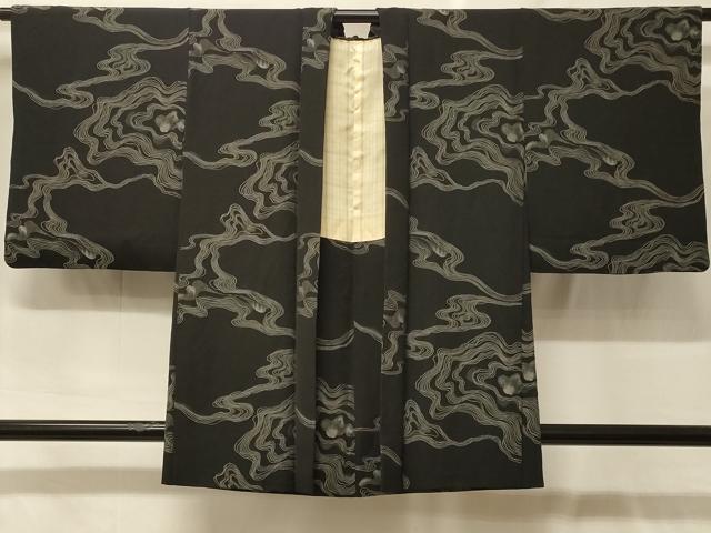 平和屋着物＃羽織　墨流し文様　黒地　正絹　逸品　CABF9047in