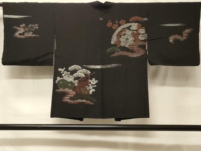 平和屋着物＃羽織　寿光織　檜扇草花文　黒地　銀糸　正絹　逸品　CABF9048in