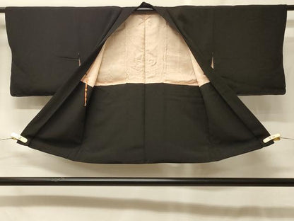 平和屋着物＃羽織　寿光織　檜扇草花文　黒地　銀糸　正絹　逸品　CABF9048in