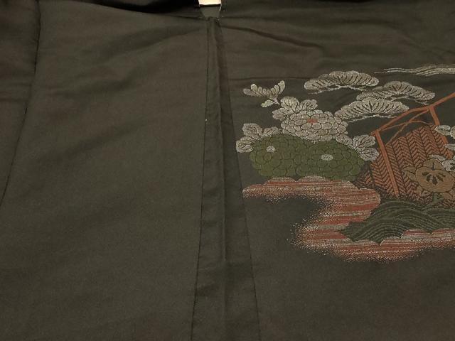 平和屋着物＃羽織　寿光織　檜扇草花文　黒地　銀糸　正絹　逸品　CABF9048in
