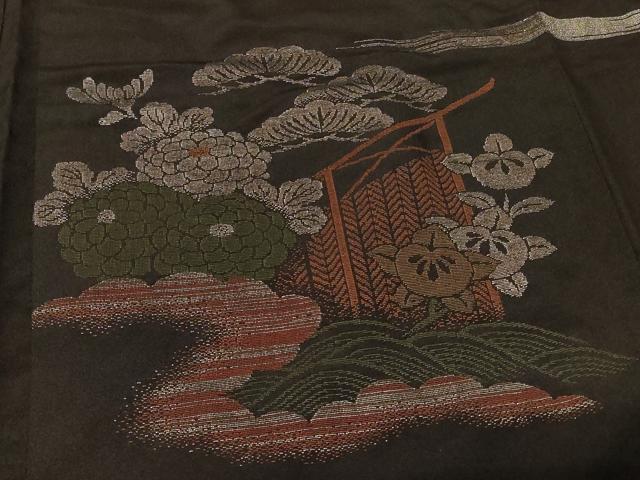 平和屋着物＃羽織　寿光織　檜扇草花文　黒地　銀糸　正絹　逸品　CABF9048in