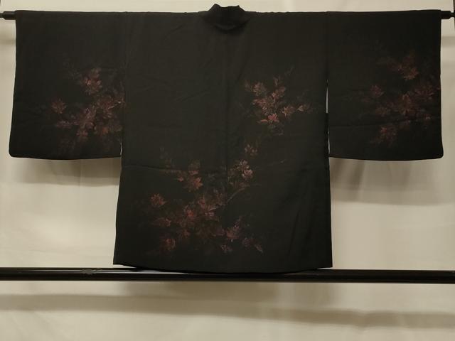 平和屋着物＃羽織　寿光織　草花文　黒地　正絹　逸品　CABF9050in