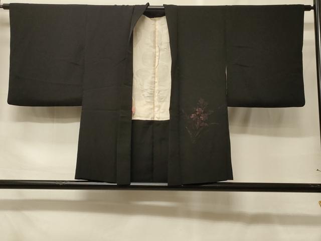 平和屋着物＃羽織　寿光織　草花文　黒地　正絹　逸品　CABF9050in