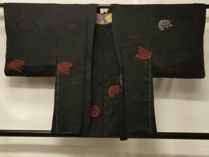 平和屋着物＃羽織　寿光織　檜扇源氏車文　黒地　銀糸　正絹　逸品　CABF9051in